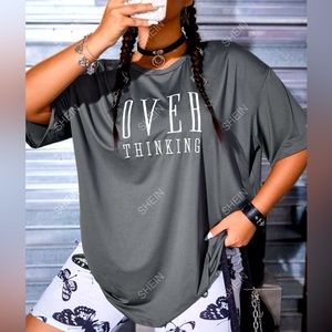 SHEIN EZwear Plus Letter Embroidery Drop Shoulder Tee